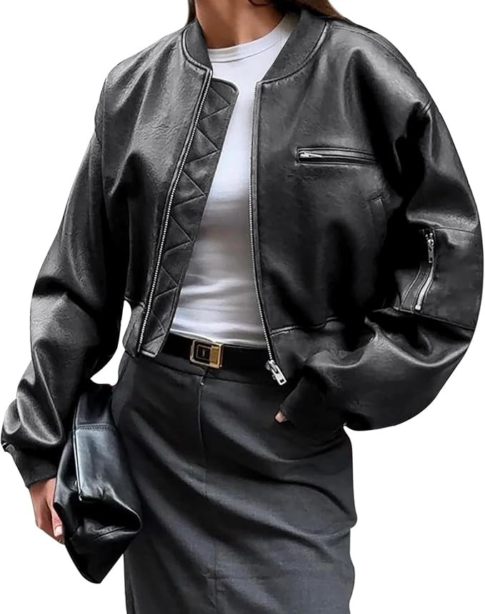 Cicy Bell Womens Faux Leather Bomber Jackets Baseball Collar Zip Up Cropped Biker Coat with Pocke... | Amazon (US)