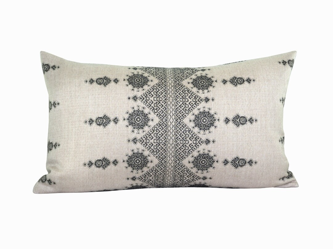 Outdoor pillow cover, Carmania Charcoal on Natural, lumbar, geometric stripe, Spark Modern pillow | Etsy (US)