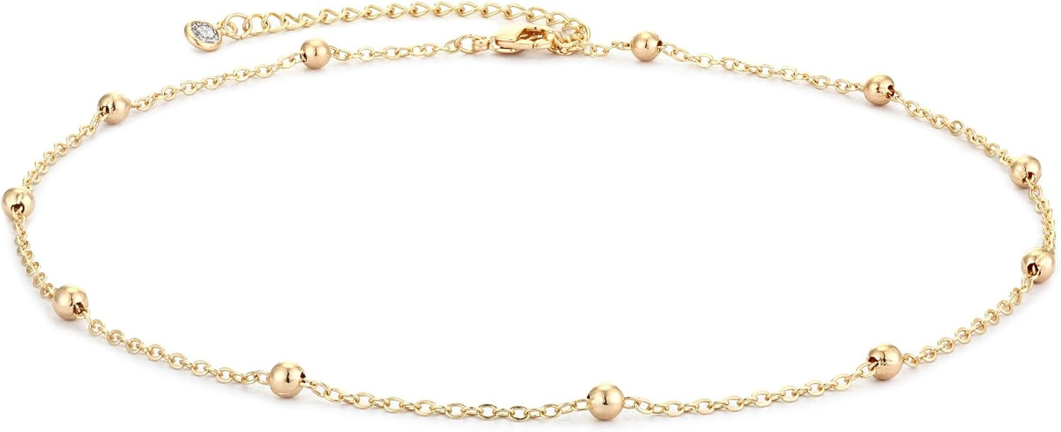 MEVECCO Gold Dainty Choker Necklace,14K Gold Plated Tiny Delicate Bead Link Wave Chain Minimalist... | Amazon (US)