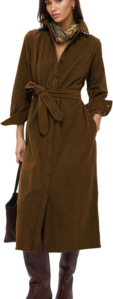 Womens Fall Winter Corduroy Midi Dress Long Sleeve Collared Button Front Belted Flowy Shirt Dress... | Amazon (US)