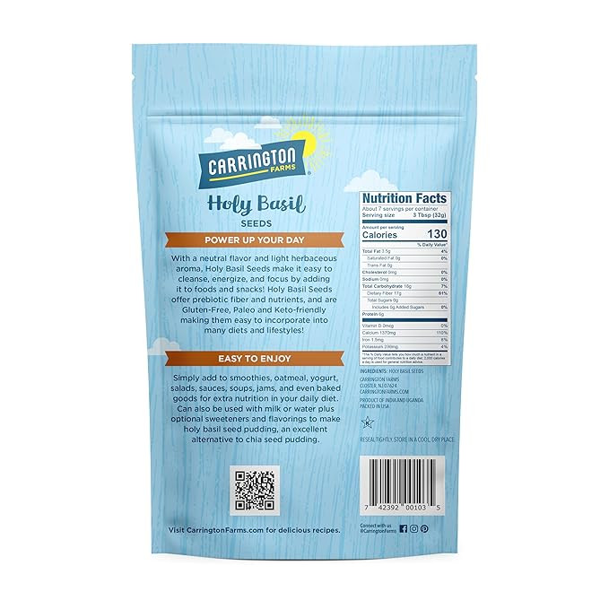 Carrington Farms Holy Basil Seeds – Gluten Free, Paleo, Keto, High Fiber Seeds – Calcium Pack... | Amazon (US)