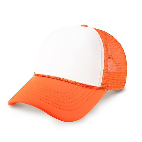 Classic Foam Trucker Hat Summer Mesh Cap Solid Two Toned Blank Foamhead hat for Mens Womens Adjustable Strap Light Weight (White/Neon Orange) | Amazon (US)