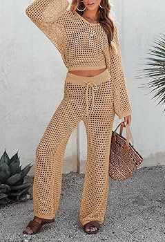 Pink Queen Women's Swimsuit Cover Up Set 2 Piece Crochet Long Sleeve Crop Top Wide Leg Pants Beac... | Amazon (US)