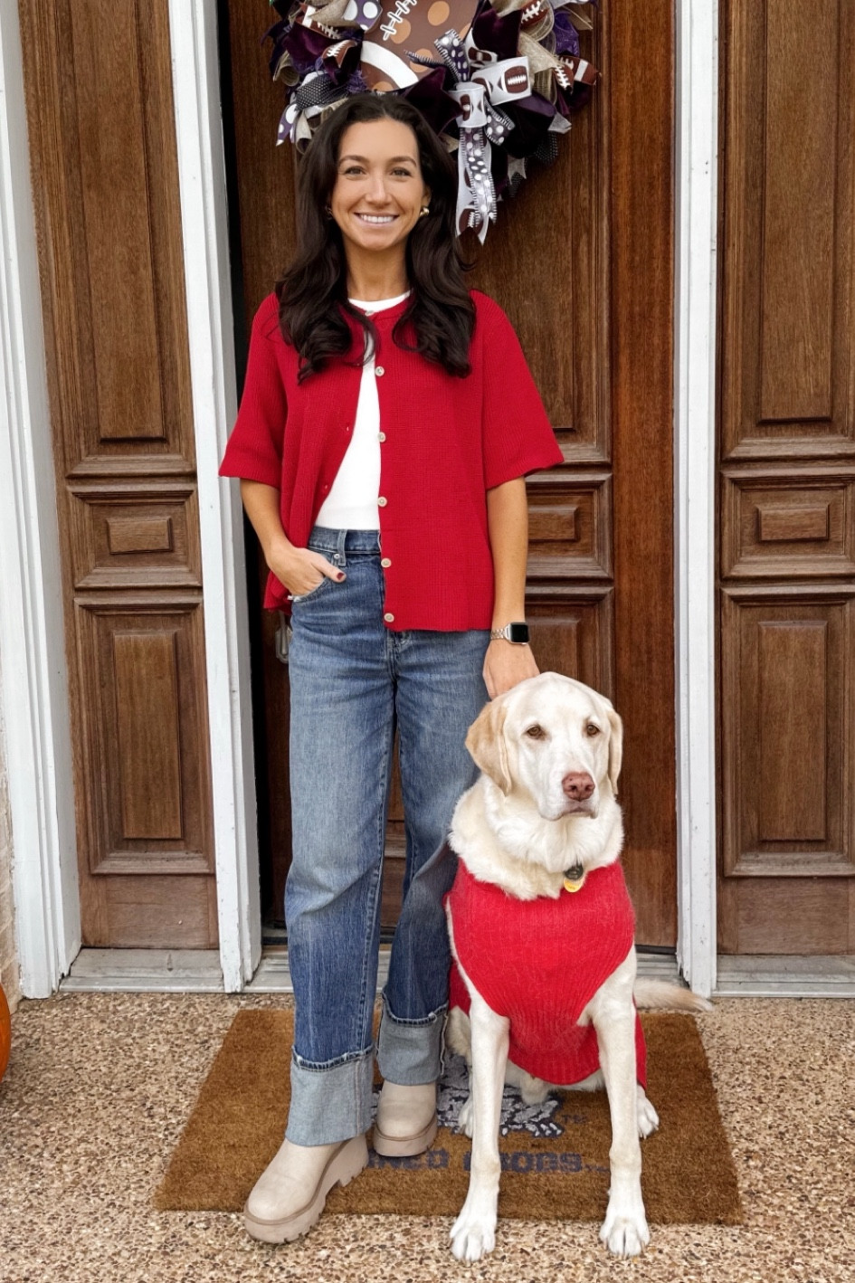 Keeping it simple, chic, and cozy 🍂❄️ This red button-up sweater adds the perfect pop of color to my white bodysuit and Daze jeans combo, finished off with the cutest heeled boots. Perfect for fall strolls or winter brunch dates! Shop the look on my LTK! #FallFashion #WinterStyle

#LTKStyleTip #LTKU #LTKFindsUnder100