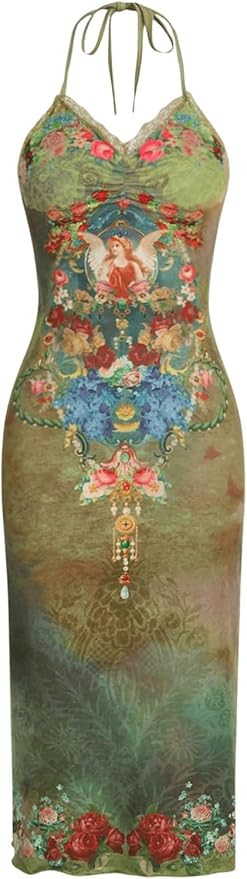 Floerns Women's Floral Print Lace Trim Halter Neck Slit Hem Cami Bodycon Midi Dress | Amazon (US)