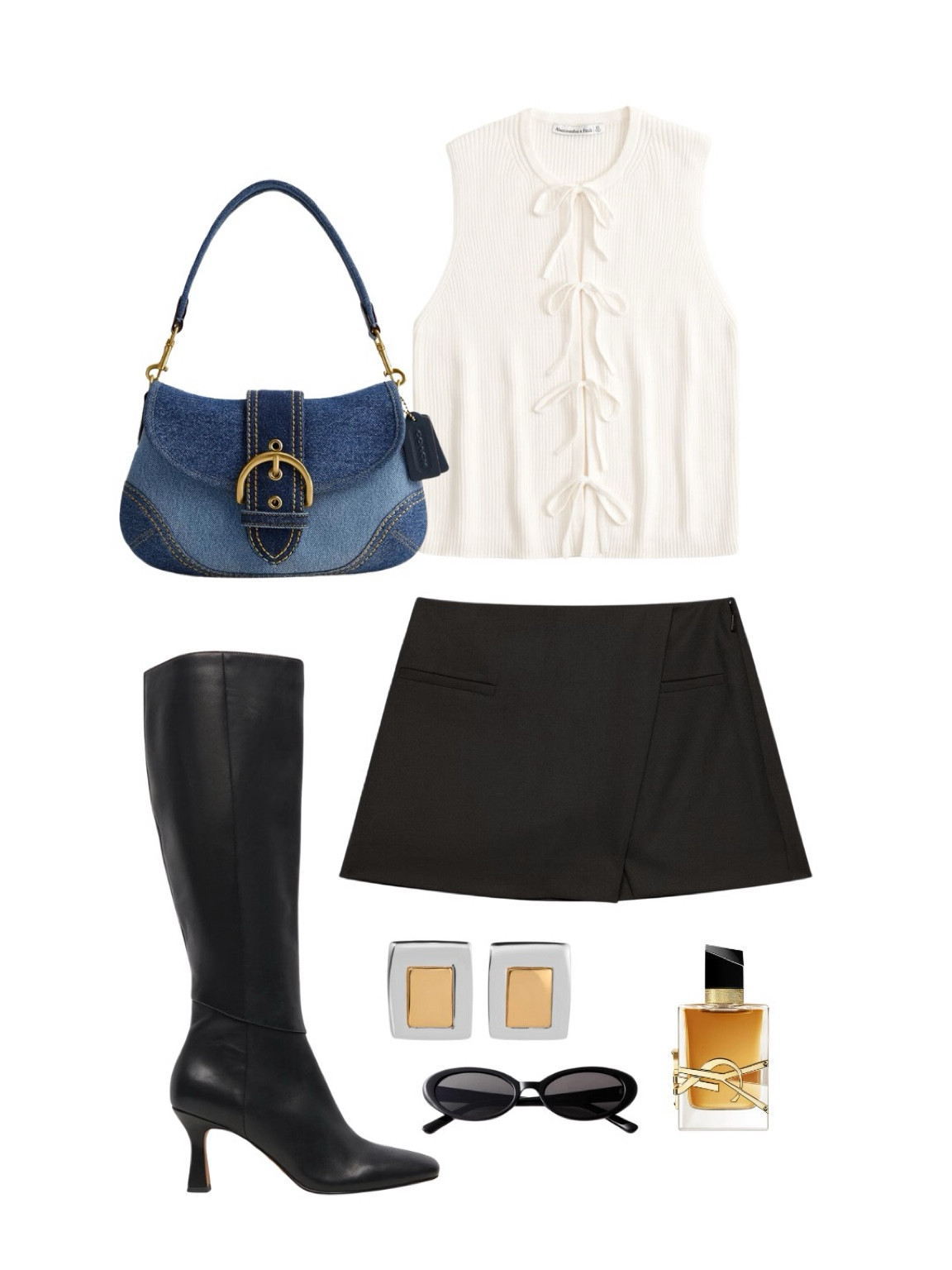 Fall Outfit Inspo 🍂✨ This chic look features a sleeveless ribbed knit top, a black skort, and knee-high leather boots for a sleek yet cozy vibe. Pair with a denim shoulder bag, square stud earrings, and black oval sunglasses for a touch of retro glam. Finish with YSL perfume to elevate your style! Perfect for brunch, a day out, or date night.

#FallFashion #OOTD #KneeHighBoots #RetroStyle #DenimBag #ChicOutfit

#LTKShoeCrush #LTKItBag