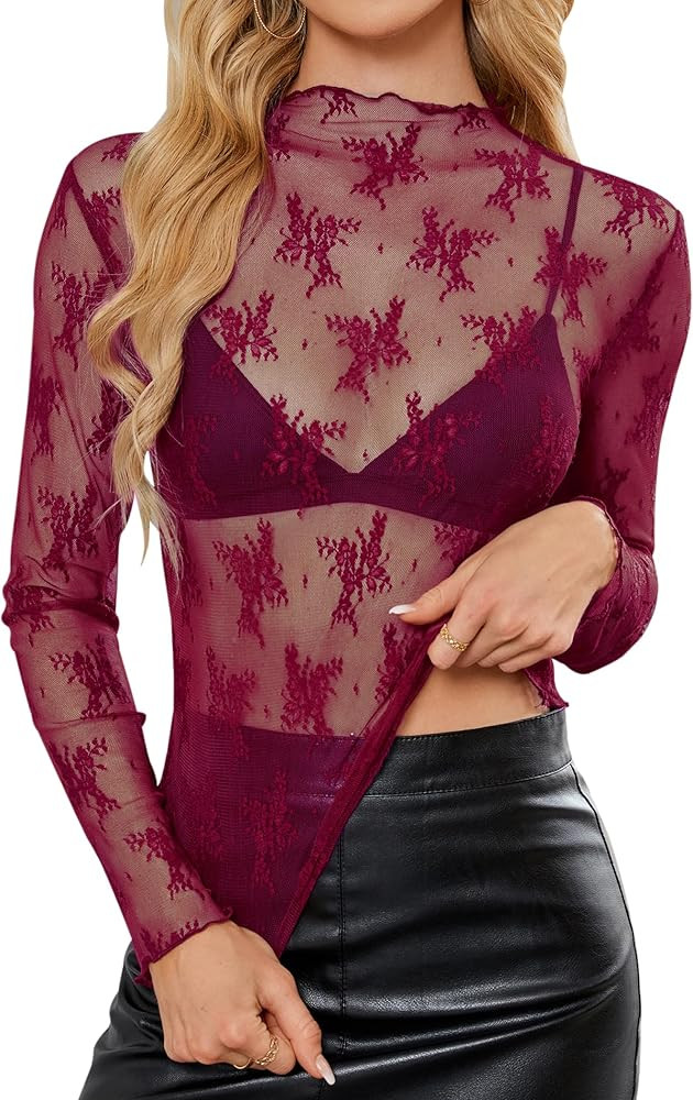 Lace Tops for Women See Through Mesh Long Sleeve Top Floral Mock Neck Club Party Night Lace Under... | Amazon (US)