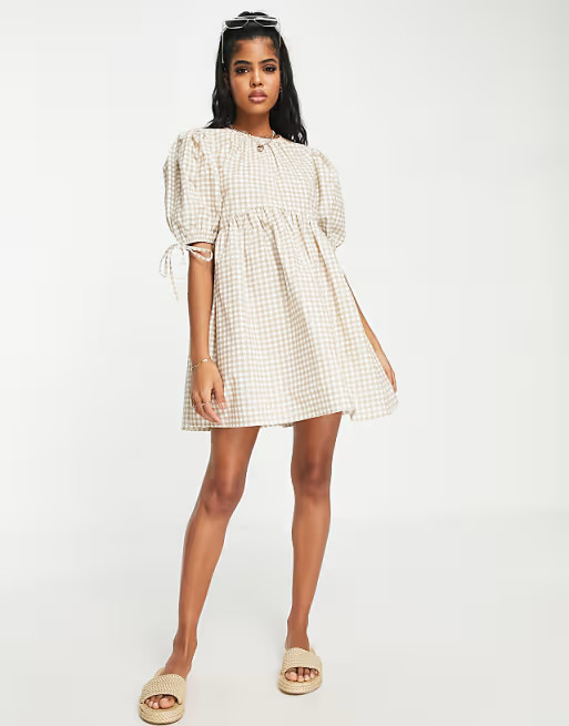 Influence puff sleeve mini dress in beige gingham | ASOS (Global)