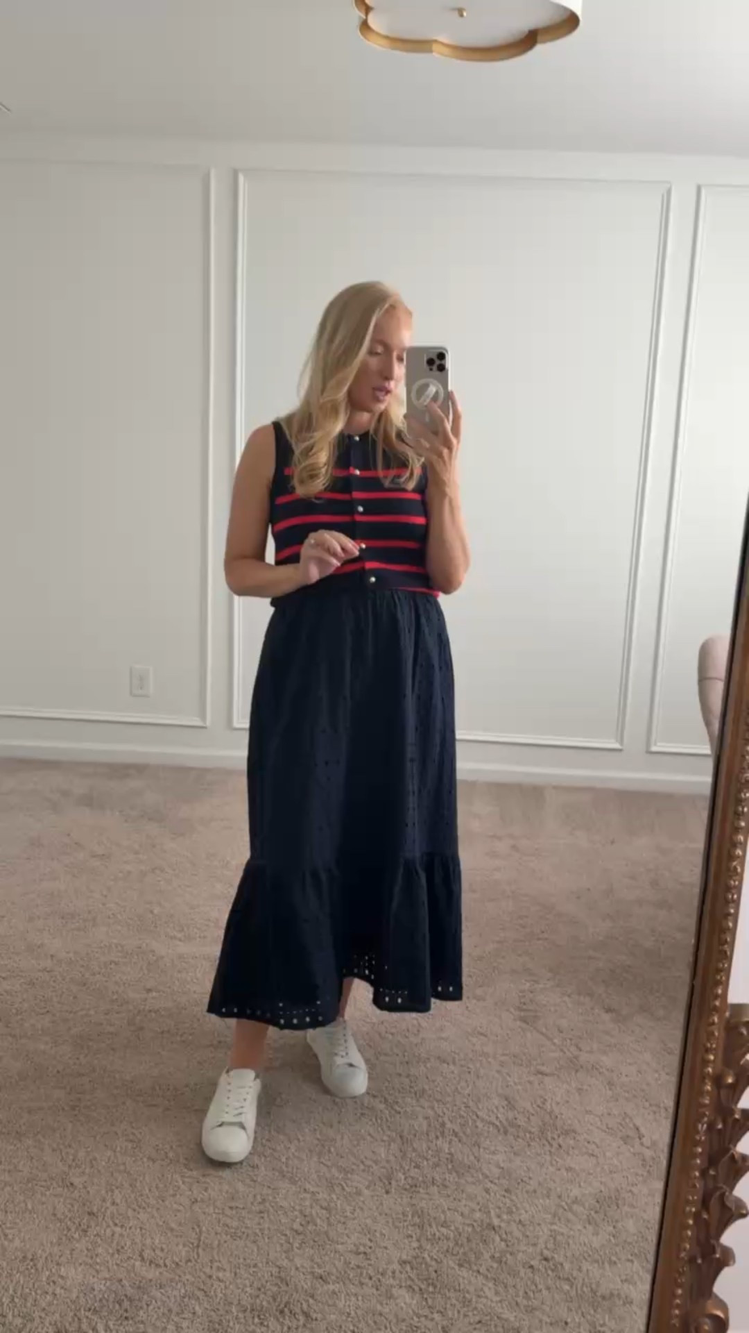 Cute Memorial Day weekend or 4th of July look! Both this skirt and sleeveless sweater are such good quality for the price points. Wearing size small in the top and skirt. If I were not pregnant, I could size down to xs in the skirt. Bump and nursing friendly! Spring outfits // summer outfits // Memorial Day outfits // 4th of
July outfits // work outfits // brunch outfits // Walmart outfits // 

#LTKBump #LTKStyleTip #LTKFindsUnder50