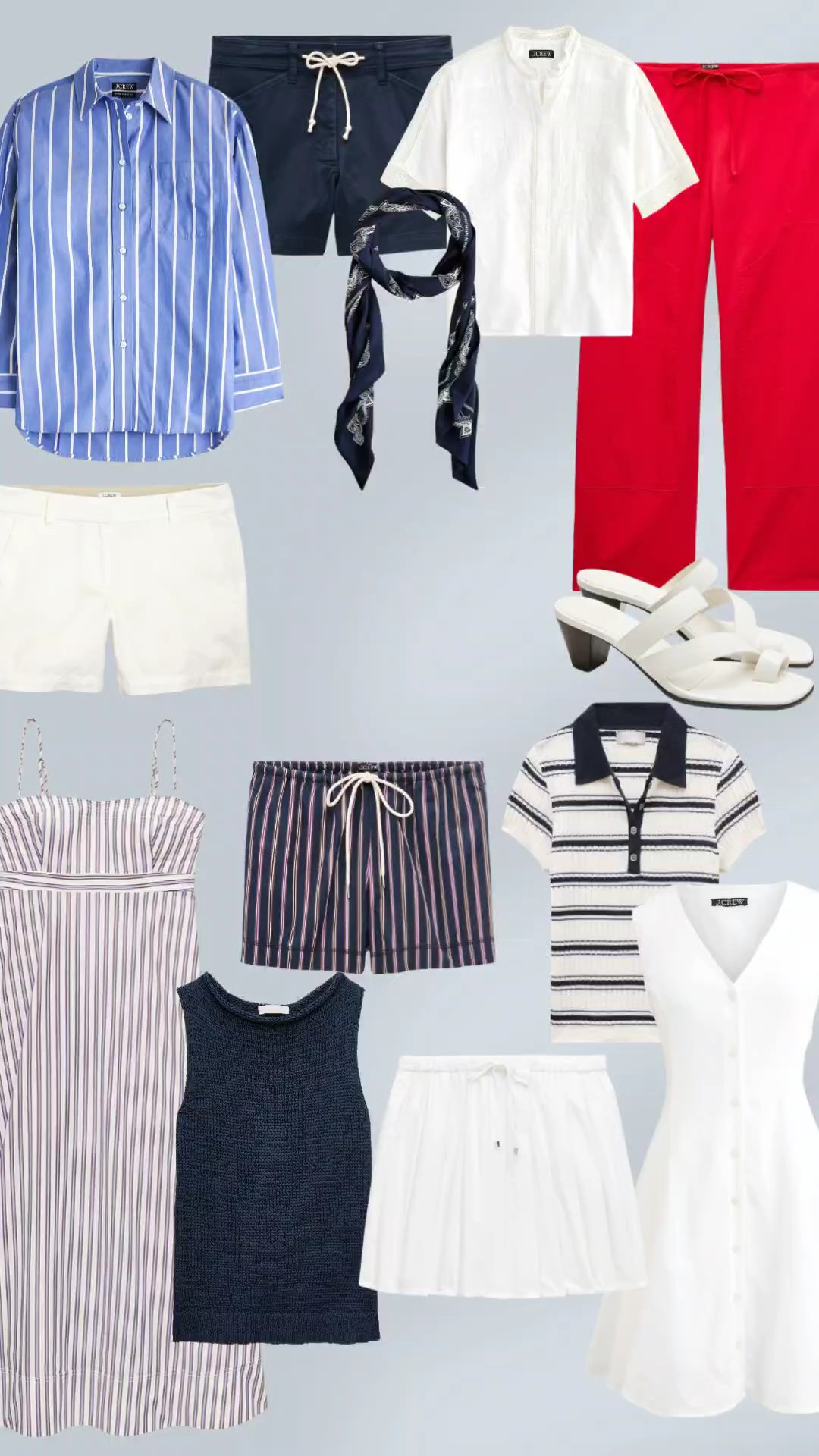 J. Crew 4th of July outfit inspo. Summer style. Red white blue. Short sleeve sweater. Bandana. Red flip flops. Shorts. Denim vest. White midi skirt. Linen. Denim shorts. Casual 4th of July. Strapless top. Red pants. Button down. Midi striped dress. Polo. 

#LTKSeasonal #LTKSaleAlert