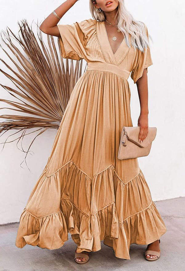 Linsery Women V Neck Ruffle Maxi Dress Balloon Sleeve Layered Beach Long Dresses | Amazon (US)