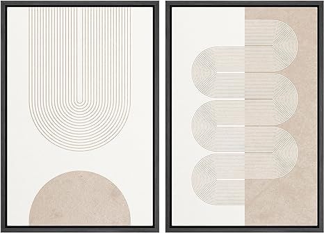 MUDECOR Framed Canvas Print Wall Art Set Pastel Tan White Geometric Wave Ribbons Abstract Shapes ... | Amazon (US)