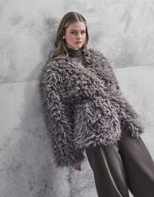 ONLY belt detail shaggy jacket in grey | ASOS (Global)