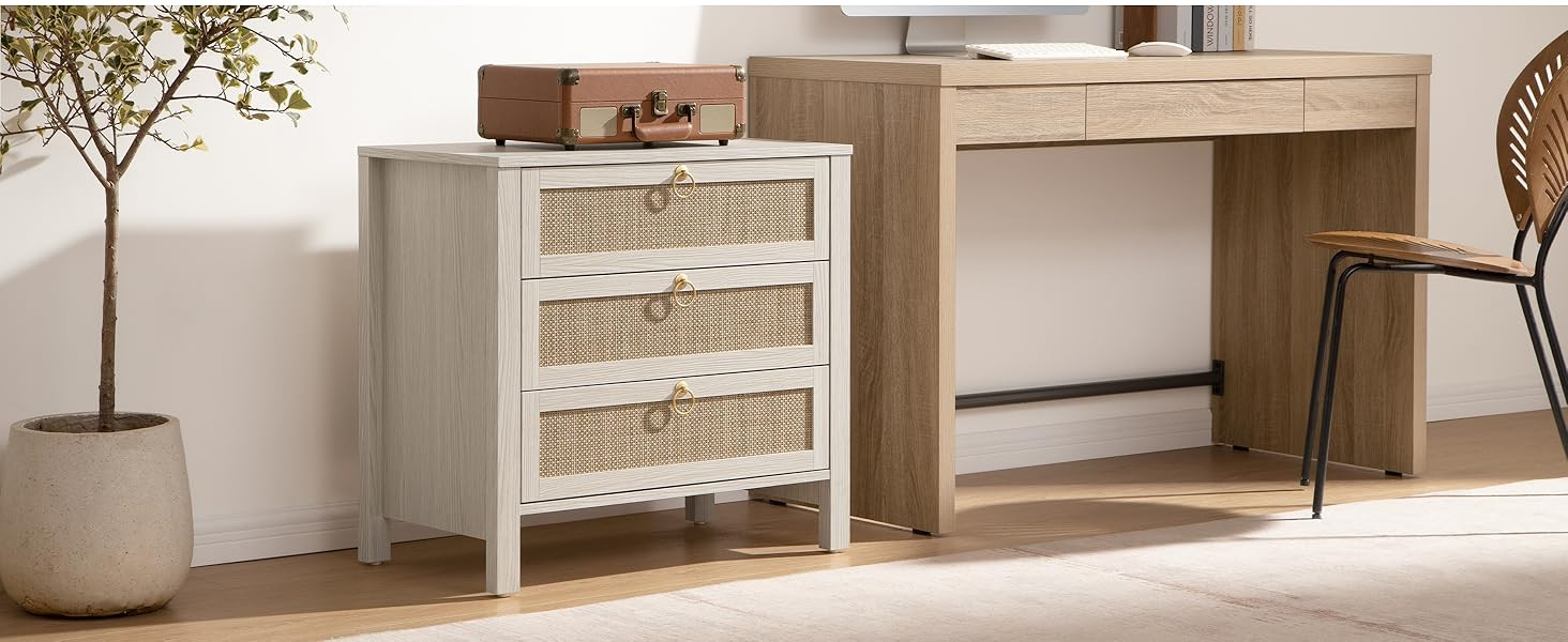 SICOTAS White Night Stand with Drawers - Large Rattan Bedside Table with Golden Handle, 3 Drawers... | Amazon (US)
