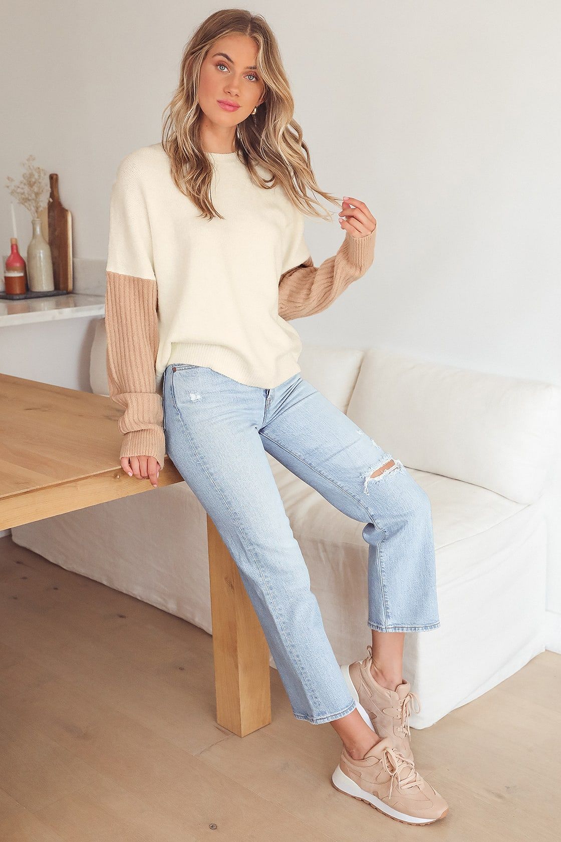 Nancie White and Beige Colorblock Sweater | Lulus (US)