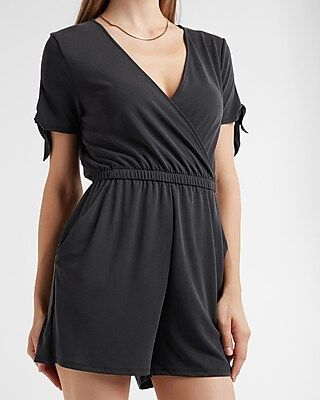 Silky Sueded Jersey Wrap Front Tie Sleeve Romper | Express