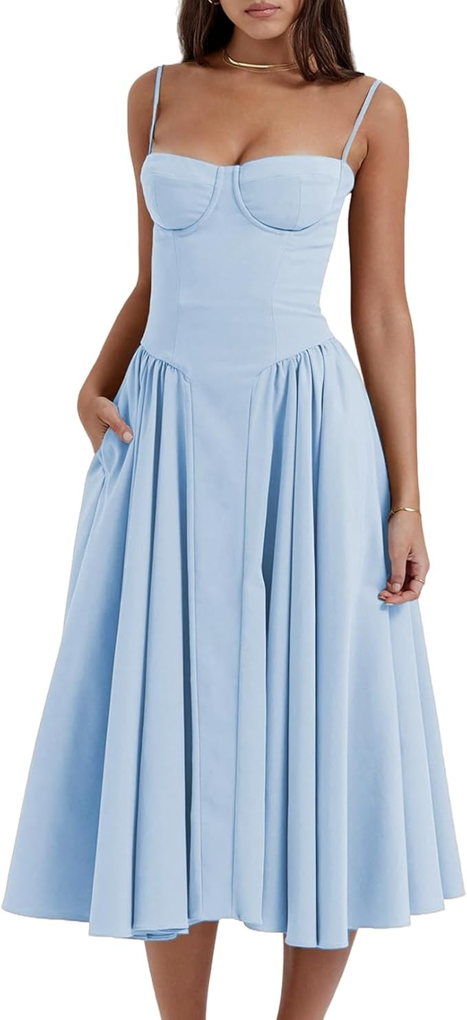 Womens Corset Dress Elegant Spaghetti Strap Midi Dress Flowy Pleated Hem Low Cut Prom Dresses Flo... | Amazon (US)