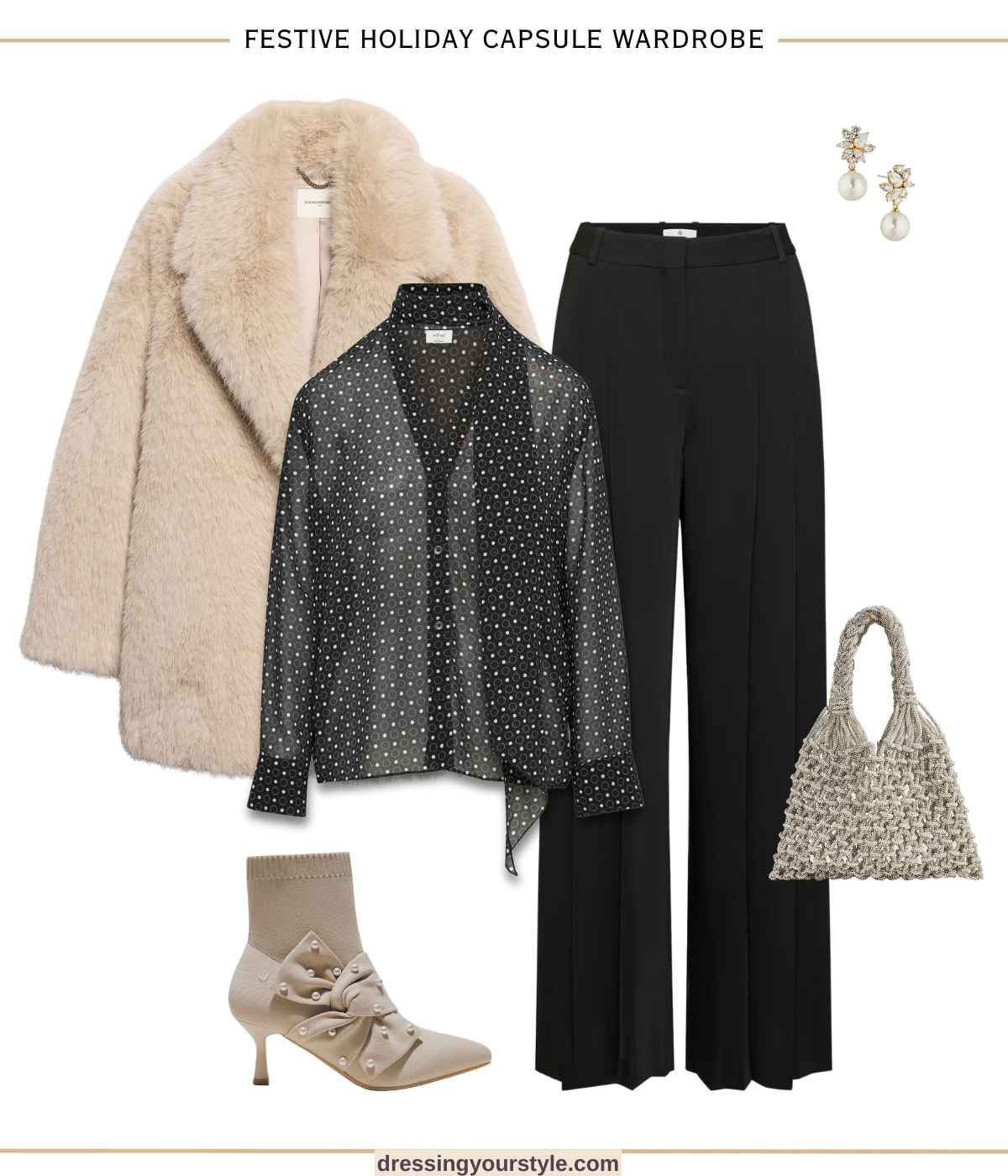 Holiday outfit with black pleated satin pants, polka dot blouse, faux fur coat and pearl bow ankle boots. Modest festive outfit perfect for ladies over 40 ❤️

#LTKOver40 #LTKSeasonal #LTKHoliday