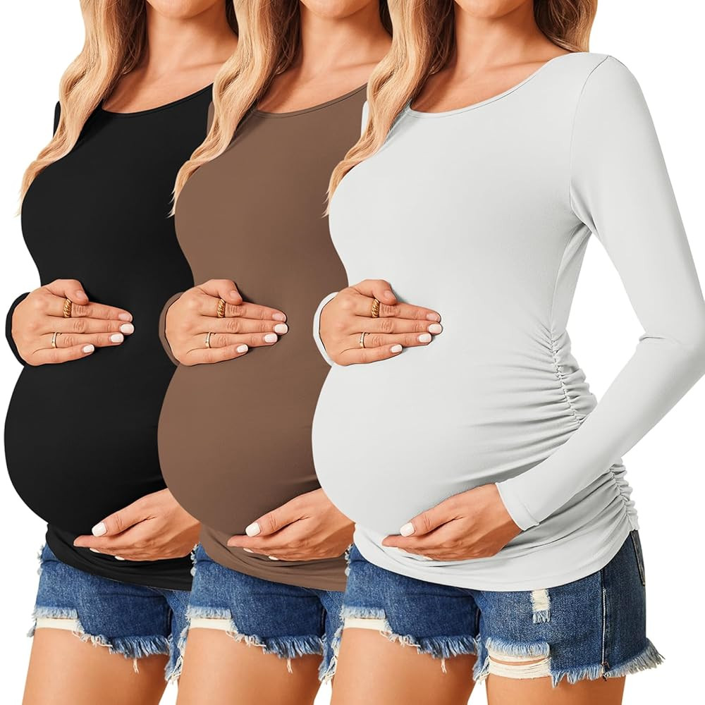 Ekouaer Womens Maternity Shirts Long Sleeve 3 Packs Pregnancy Tee Top Tunic Blouse Casual Mama Cl... | Amazon (US)