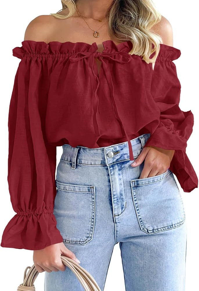Imily Bela Womens Off The Shoulder Tops Puff Long Sleeve Tie Front Loose Fit Ruffle Shirts Blouse... | Amazon (US)
