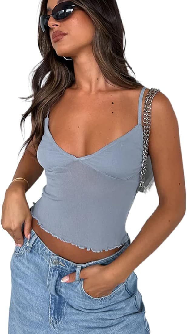 Y2k Sexy Cami Top Spaghetti Strap Lace Trim Sheer Mesh See Through Sleeveless Crop Tops Going Out... | Amazon (US)