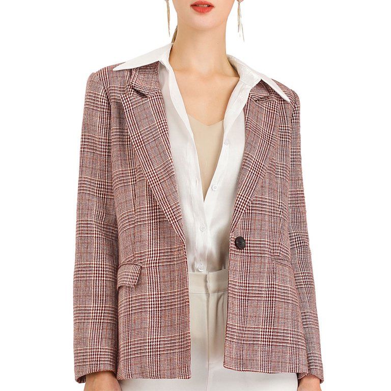 Allegra K Women's Notched Lapel One Button Hip Length Houndstooth Blazer | Walmart (US)