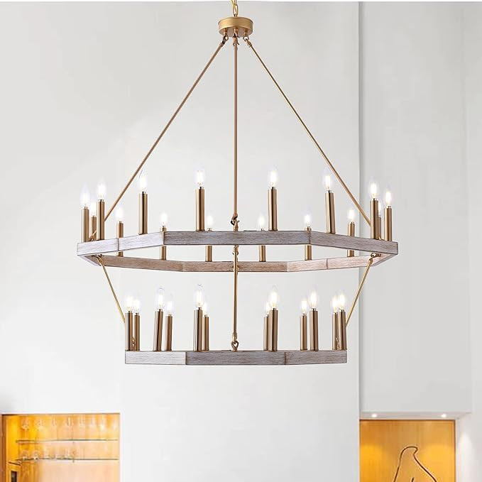 Aiwen 28 Light Farmhouse Wagon Wheel Chandelier 39 inch 2 Tier Brushed Gold Chandelier Large Rust... | Amazon (US)
