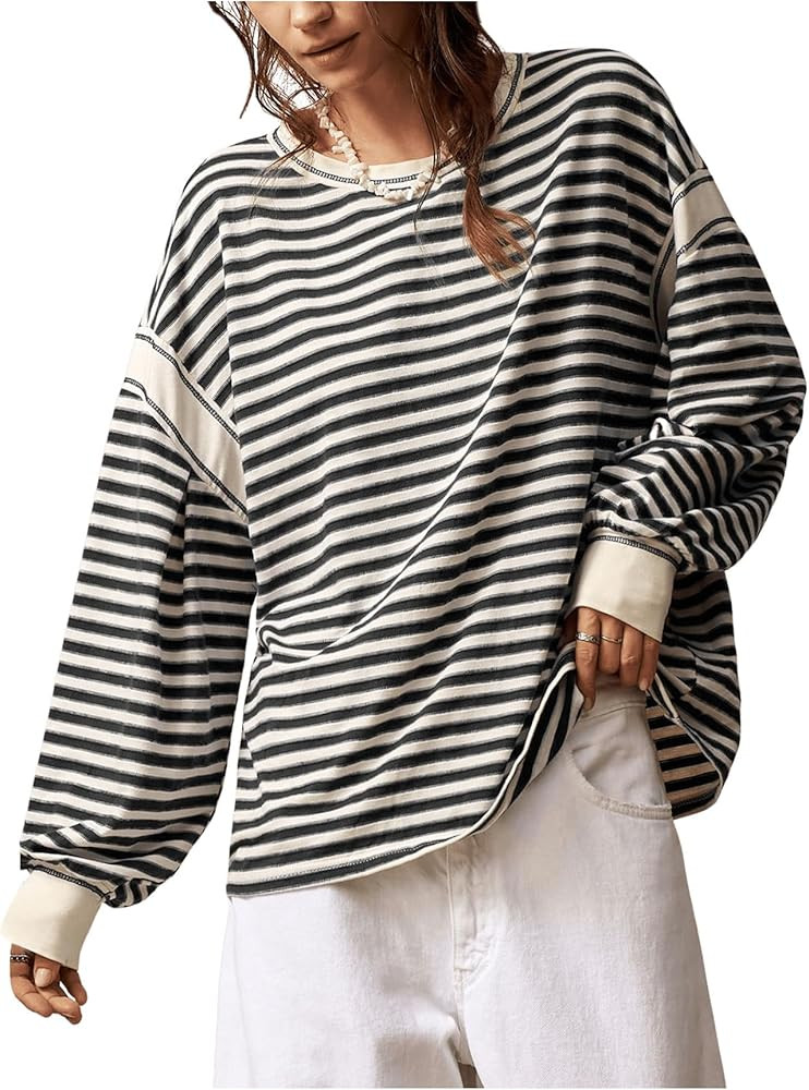 Milumia Women's Striped Long Sleeve Top Color Block Drop Shoulder Oversized T-Shirt | Amazon (US)