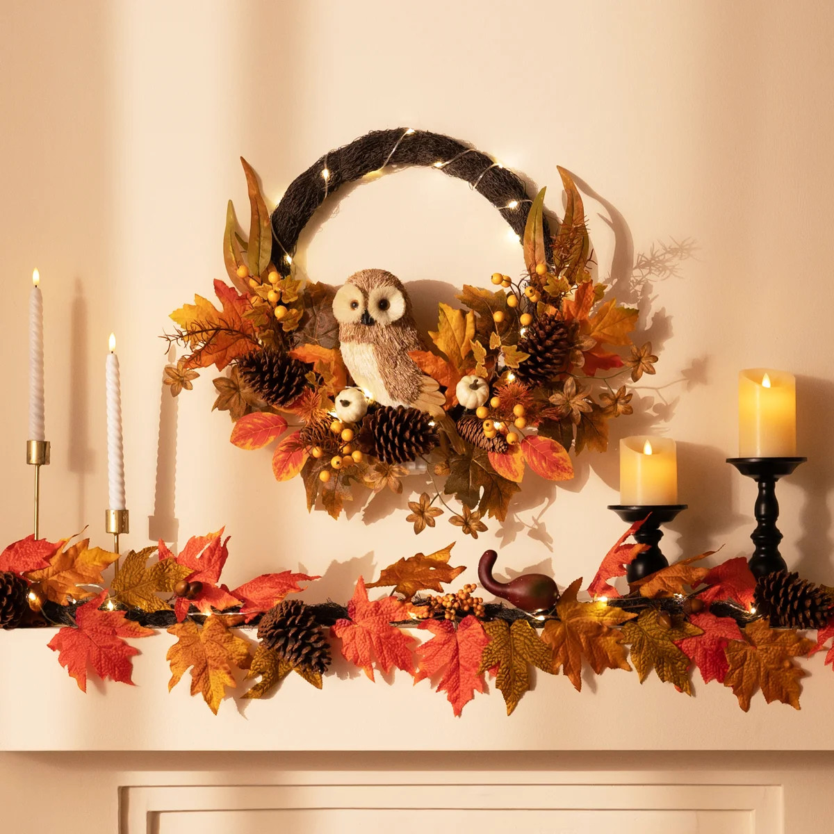 Collapsible Fall Wreaths for Front Door Outside, 24" Fall Door Wreath with Lights Cute Owl for Ha... | Wayfair North America