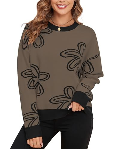 ZAFUL Women's Casual Crewneck Sweater 2024 Oversized Knit Color Block Floral Print Long Sleeve Ribbed Pullover Sweater Brown L | Amazon (US)