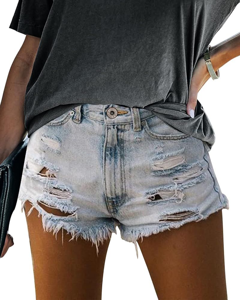 Womens Jean Shorts High Waisted Ripped Distressed Raw Hem Denim Jean Shorts for Women Casual Summ... | Amazon (US)