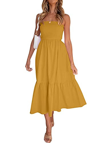 ZESICA Women's Summer Strapless Dress Off Shoulder Sleeveless High Waist Solid Color Beach Long Dresses,SolidGinger,Small | Amazon (US)