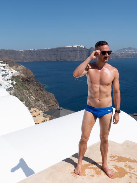 A classic combo: blue and white 🇬🇷 

#swimwear #menswear #swimbrief #greece #santorini 

#LTKtravel #LTKmens #LTKswim