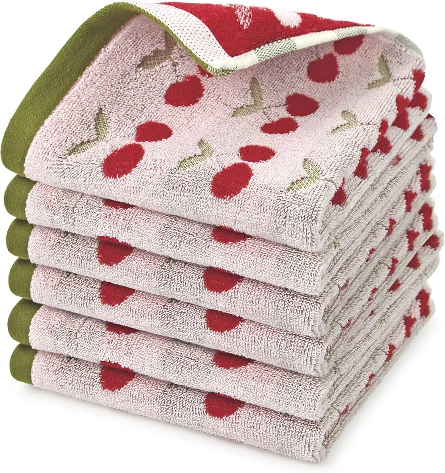 Cleanbear Washcloths 6 Pack, Reversible Cherry Pattern Cotton Wash Cloths 13 x 13 Inches, Soft Ab... | Amazon (US)