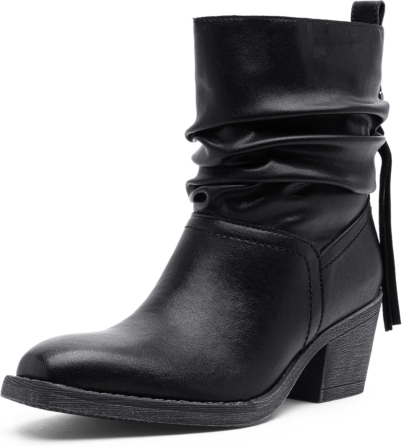 Women's Slouchy Ankle Boots, Square Toe Low Block Heel Tassel | Amazon (US)