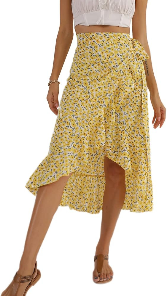 LYANER Women's Boho Floral Print Wrap Front Self Tie Knot Ruffle Hem Split Midi Skirt | Amazon (US)