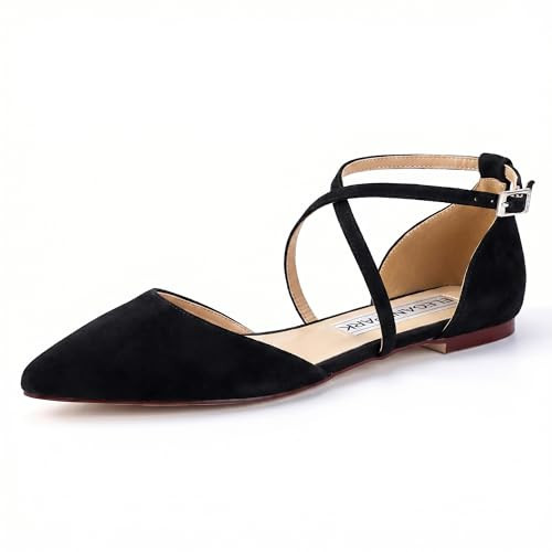 ELEGANTPARK Black Flats for Women Pointed Toe Flats Suede Shoes with Adjustable Cross Strap Comfortable Padded Insole Dressy Shoes for Office Work Business Casual FC2322 US 9.5 | Amazon (US)