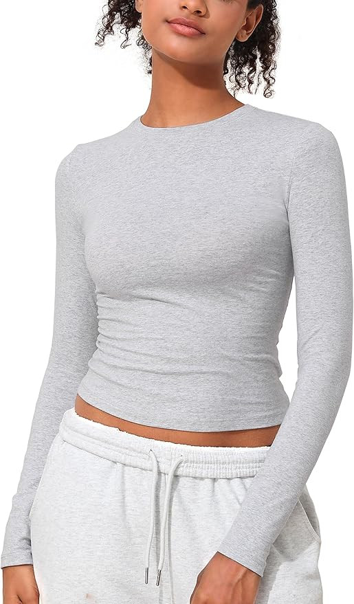 PrettyGuide Women's Cotton Jersey Long Sleeve Shirts Slim Fit Crewneck Crop Tops Basic Fall Going... | Amazon (US)