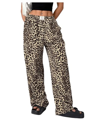 RoseSeek Women's Letter Leopard Print Straight Leg Pants Elastic Waist Y2K Trousers Bottoms with Pockets Multicolor Small | Amazon (US)