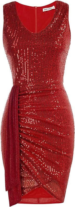 GRACE KARIN Women Sparkly Sequin Dress Sleeveless V Neck Sexy Club Party Cocktail Dress | Amazon (US)