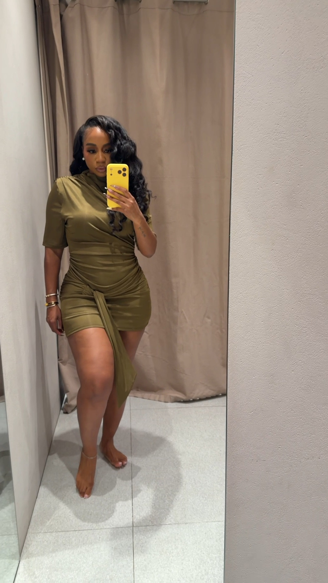 Olive mini bodycon dress with ruching detail and knotted waist tie

#LTKootd #LTKMidsize