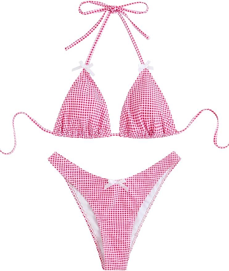 GORGLITTER Women's High Cut Thong Bikini Set Bow Checkered Halter Triangle Top Swimsuit Bathing S... | Amazon (US)