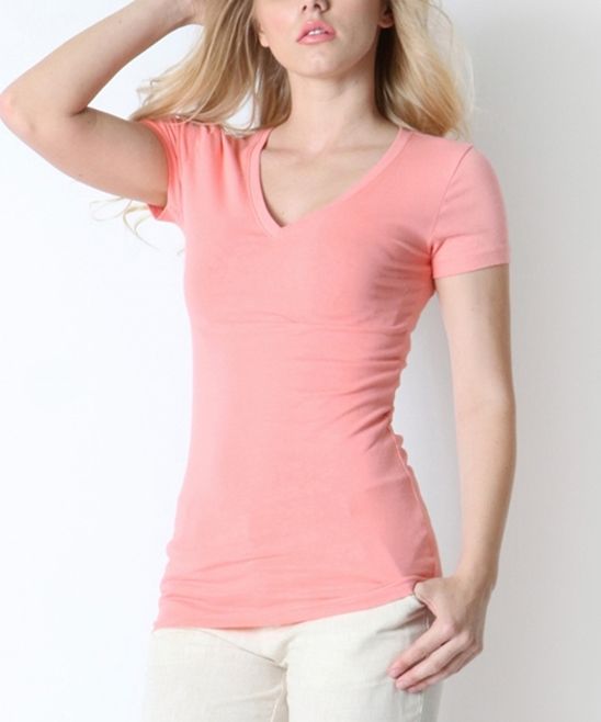 Lydiane Women's Tee Shirts Coral - Coral V-Neck Short-Sleeve Tee - Women | Zulily