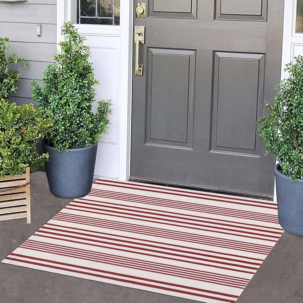 Red and White Striped Outdoor Rug 24'' x 35'' Door Mat Outdoor Machine Washable Welcome Mats Cott... | Amazon (US)