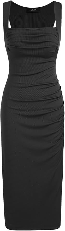 CIDER Women Midi Dress Bodycon Square Neck Sleeveless Ruched Sexy Cocktail Party Going Out Dresse... | Amazon (US)