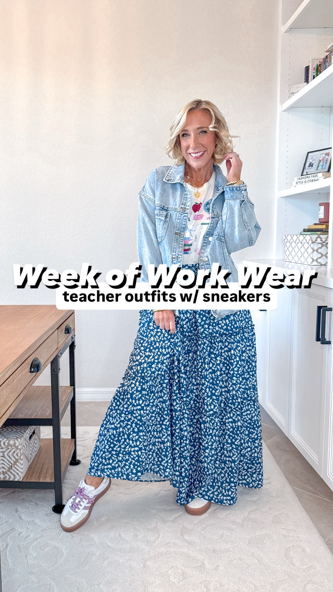 Week of Work Wear:
1. MONDAY: Skirt - size medium (but needed a small) // T-shirt - mine is old but I’m linking some options! // Denim jacket - size small (runs oversized) // Sneakers - tts. 
2. TUESDAY: Pants - size small // White t-shirt - size medium (but could have done a small) // Jacket - size small // Sneakers - size up a 1/2.
3. WEDNESDAY: Maxi dress - size small // Denim jacket - size XS // Sneakers - tts. 
4. THURSDAY: Green jacket - size small // graphic t-shirt - size medium // brown trousers - size small, regular // Sneakers - size up a 1/2.
5. FRIDAY: Pink overalls - size small // t-shirt - small // sneakers - tts. 

* teacher outfit, teacher clothes, teacher style, office outfit. 

#workwearfashion #workwearstyle #teacherfashion #teacherstyle #teacherclothes #fashionover40

#LTKFindsUnder50 #LTKWorkwear #LTKSeasonal