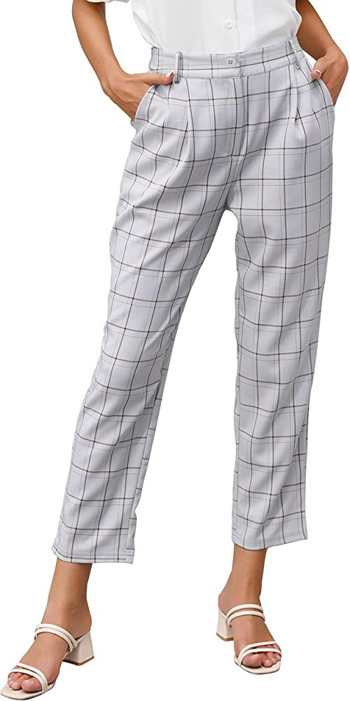 GRACE KARIN Women's Casual Work Pants with Pockets Elastic Waist Plaid Pants | Amazon (US)