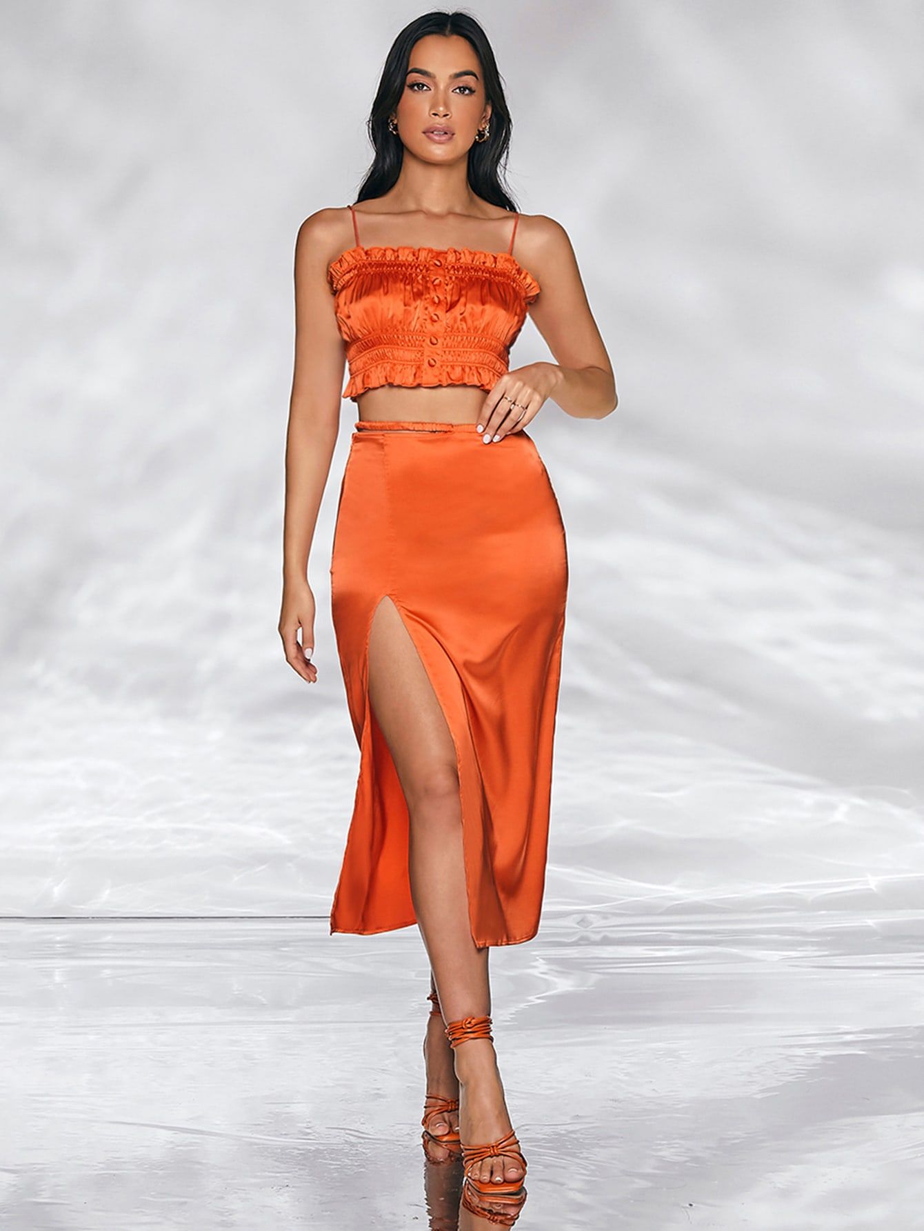 SHEIN Neon Orange Frill Detail Ruched Cami Top & Split Thigh Skirt Set | SHEIN