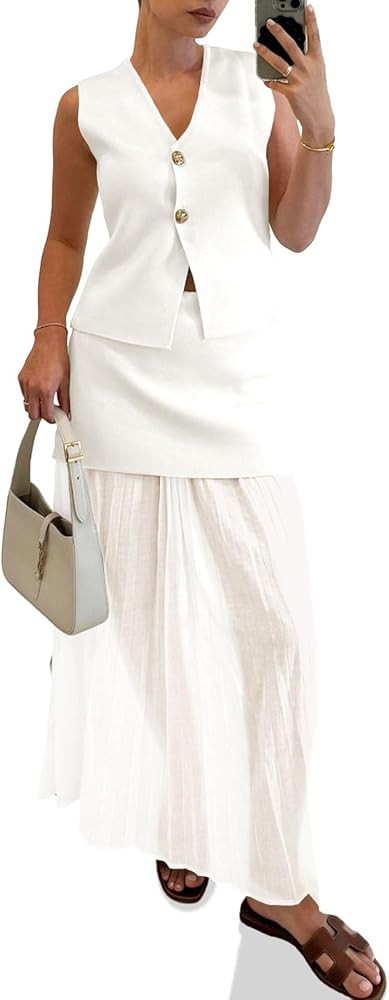 Cicy Bell Womens Summer 2 Piece Outfits V Neck Sleeveless Blazer Waistcoat and Mesh Maxi Skirt Su... | Amazon (US)