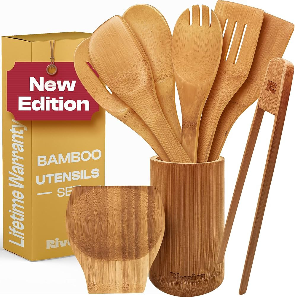Riveira Dark Bamboo Wooden Spoons for Cooking 9-Piece with Holder, Apartment Essentials Wood Spat... | Amazon (US)